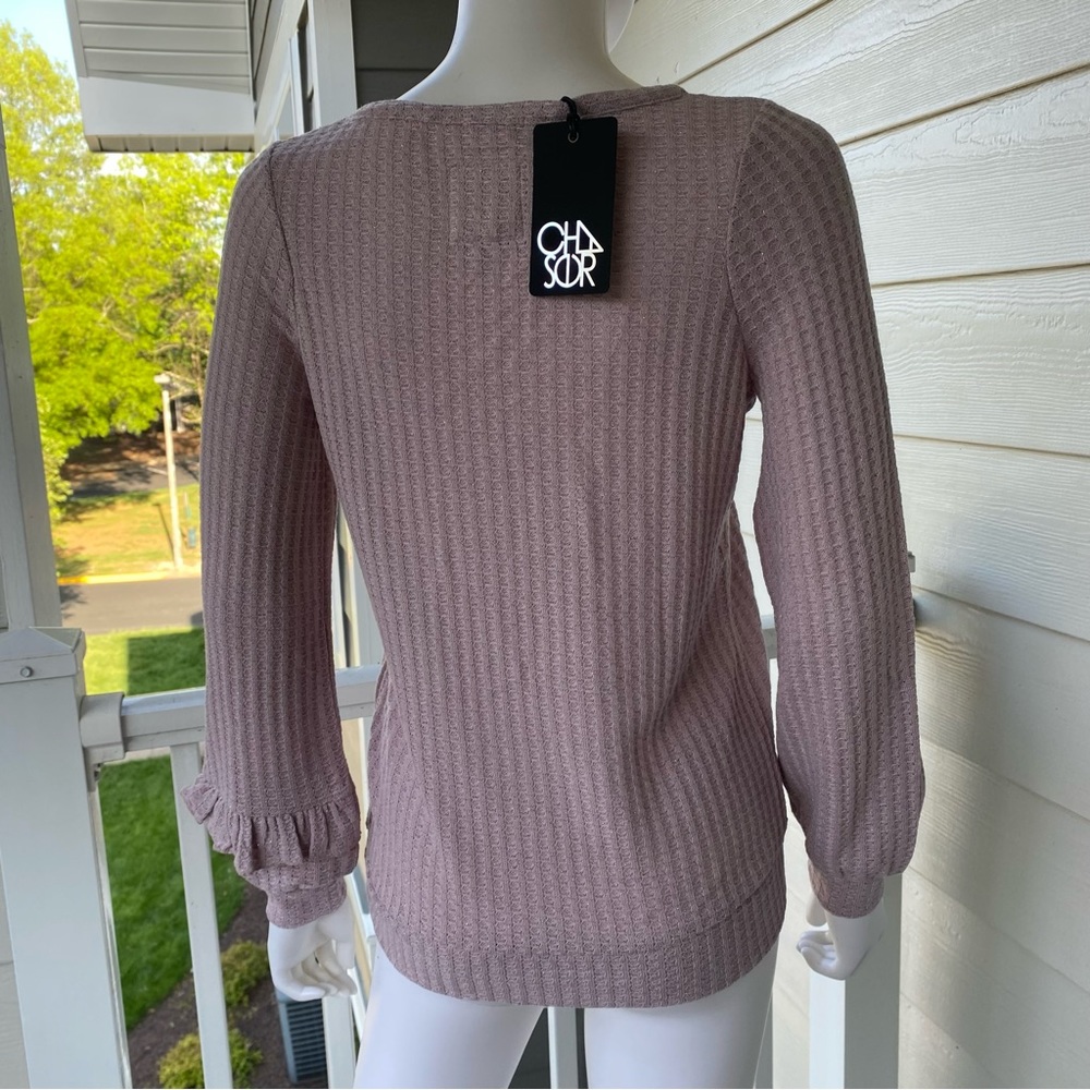 CHASER Lavender V Neck Ruffle Sleeve Knit Top - Picture 7 of 11